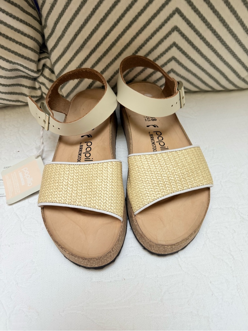 Papillio by Birkenstock Cream Ankle-Strap Sandals with Natural Raffia Front